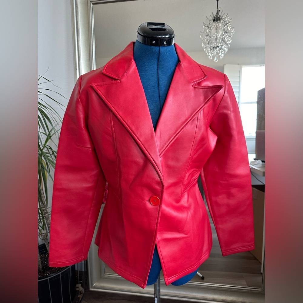 Vintage 90s Red Faux Leather Pleather Moto Biker Style Jacket